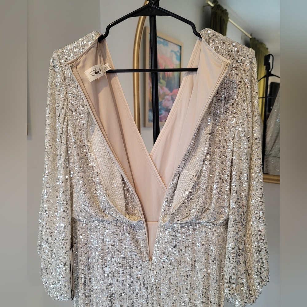 NWT Eliza J Sequin Long Sleeve Cocktail Dress Silver Blouson Size 6 - Picture 9 of 14